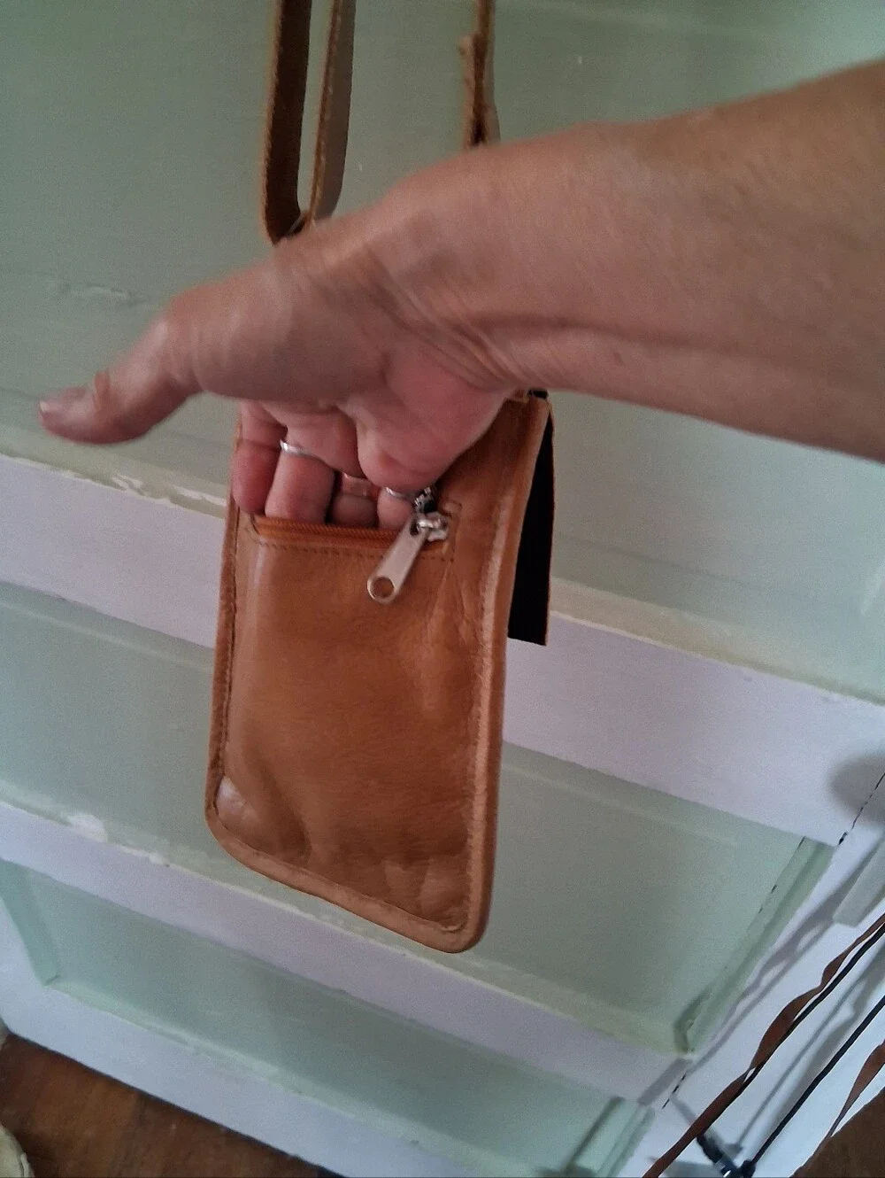 Tan Crossbody Bag with Black & Cream Woven Front